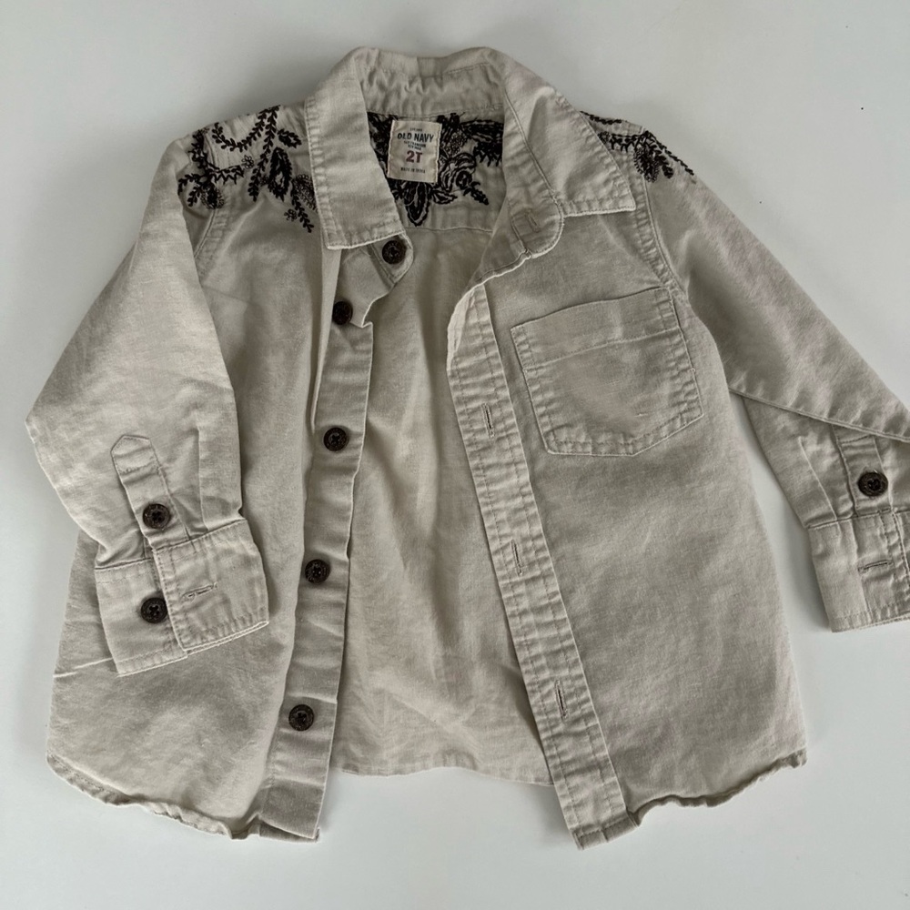 Kids Embroidered Beige Button Down